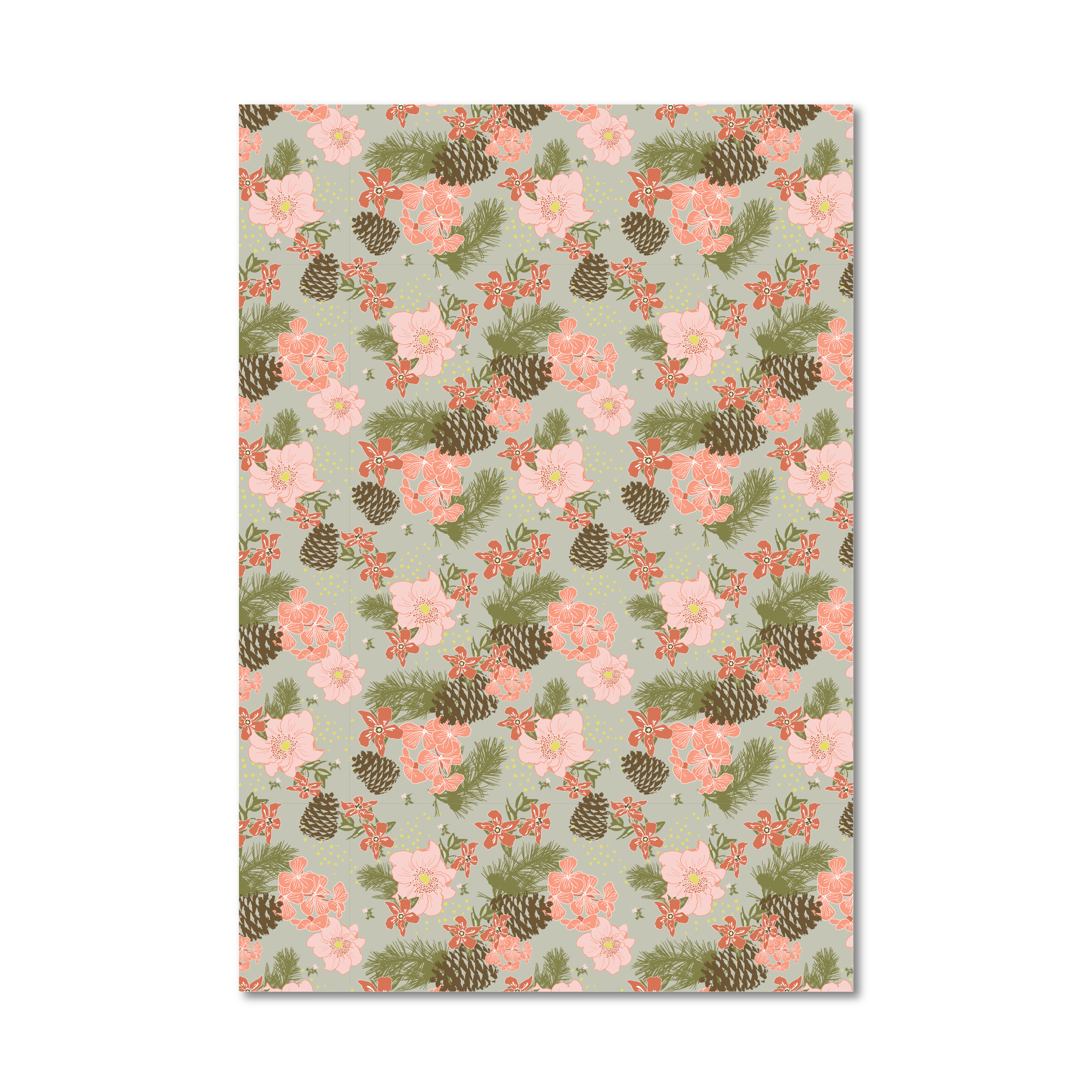 Gift wrap sheet with a repeating floral and pinecone pattern on a pale sage green background, shown against a plain white studio backdrop.