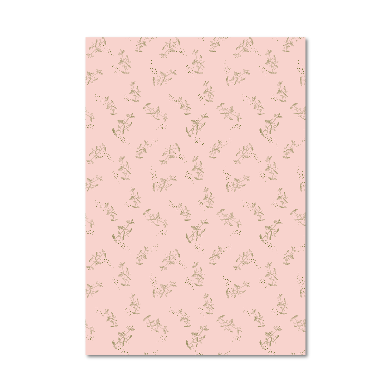 Gift wrap sheet with a light pink background and a repeating pattern of small green branch and dot illustrations, shown against a white background.