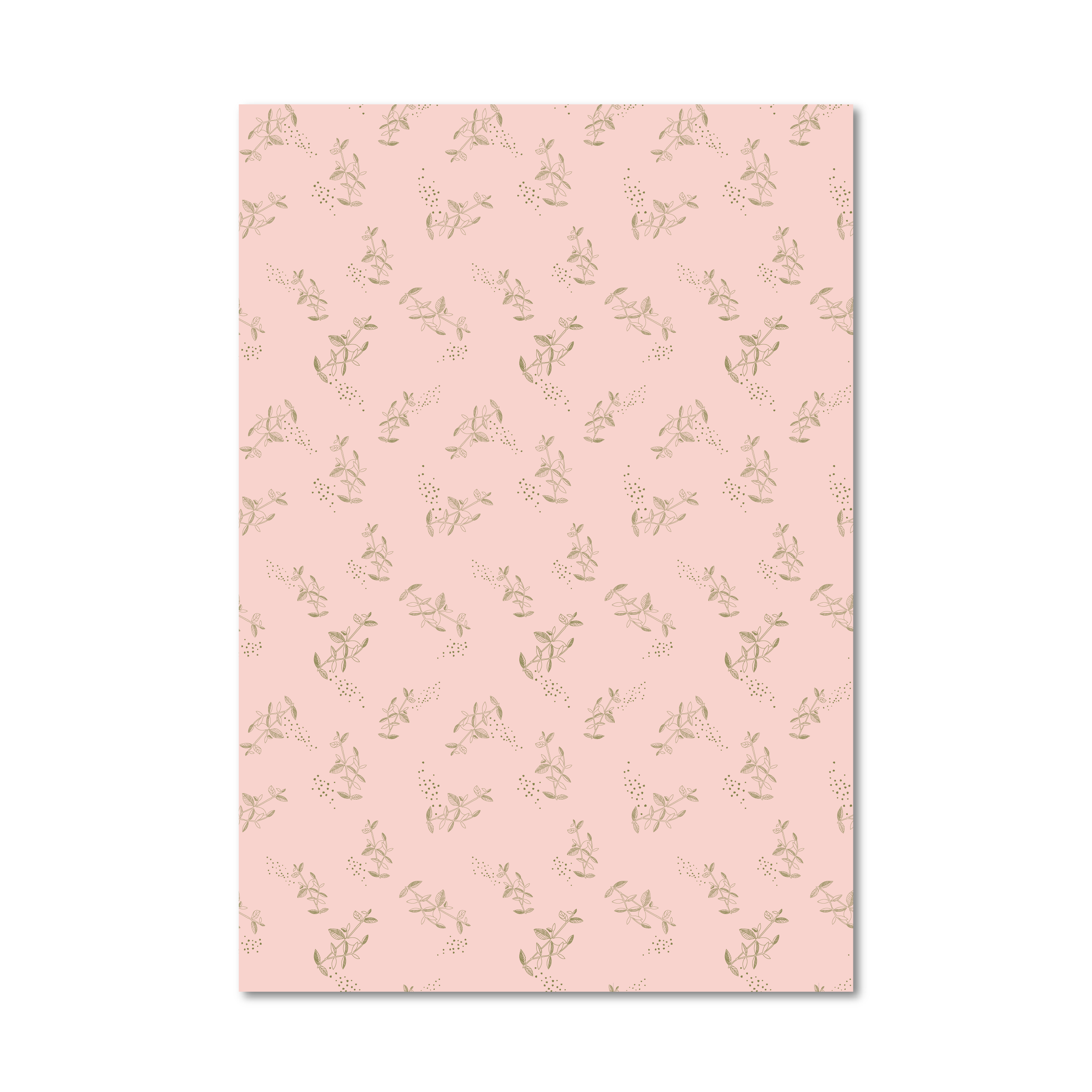 Gift wrap sheet with a light pink background and a repeating pattern of small green branch and dot illustrations, shown against a white background.