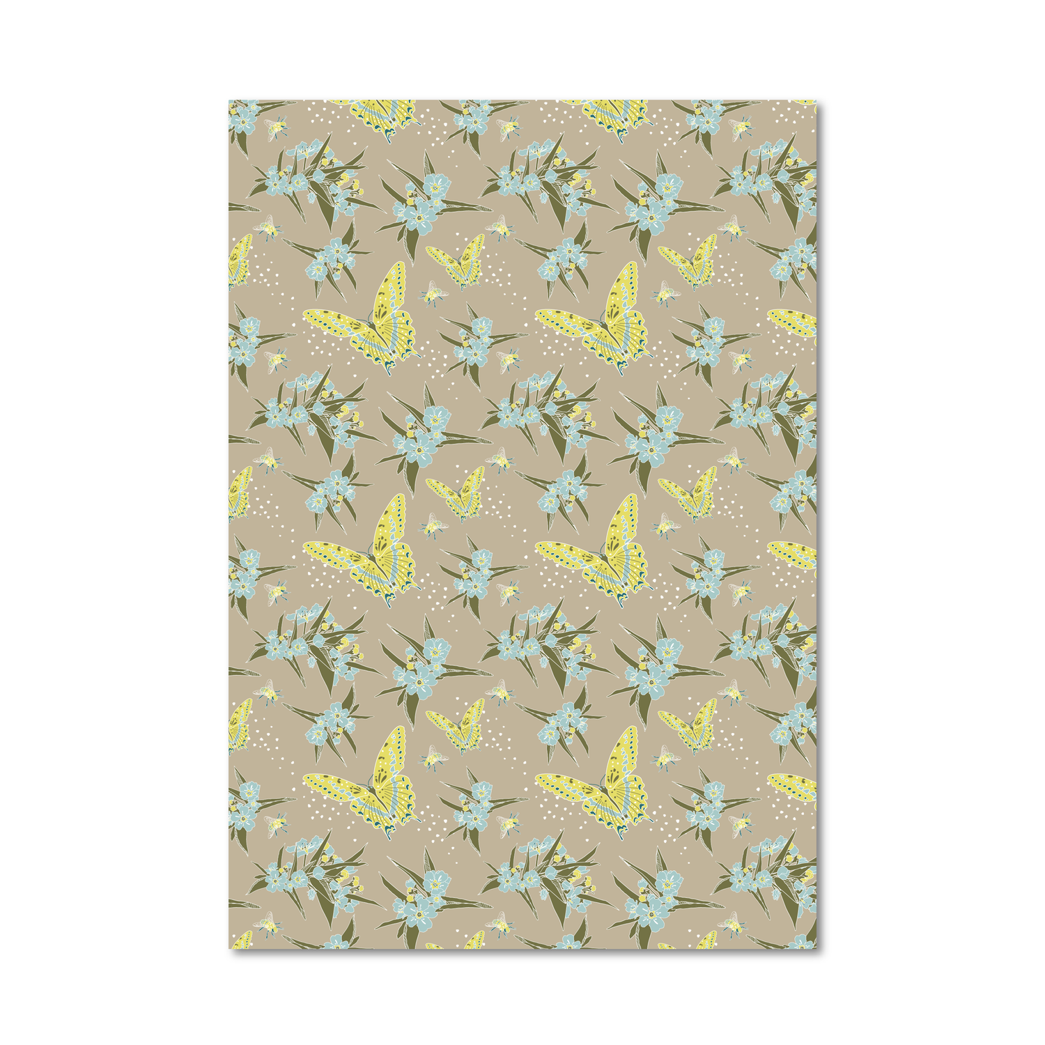 Gift wrap sheet featuring a repeating pattern of light blue flowers, green leaves, and yellow butterflies on a warm beige background, shown against a plain white backdrop.