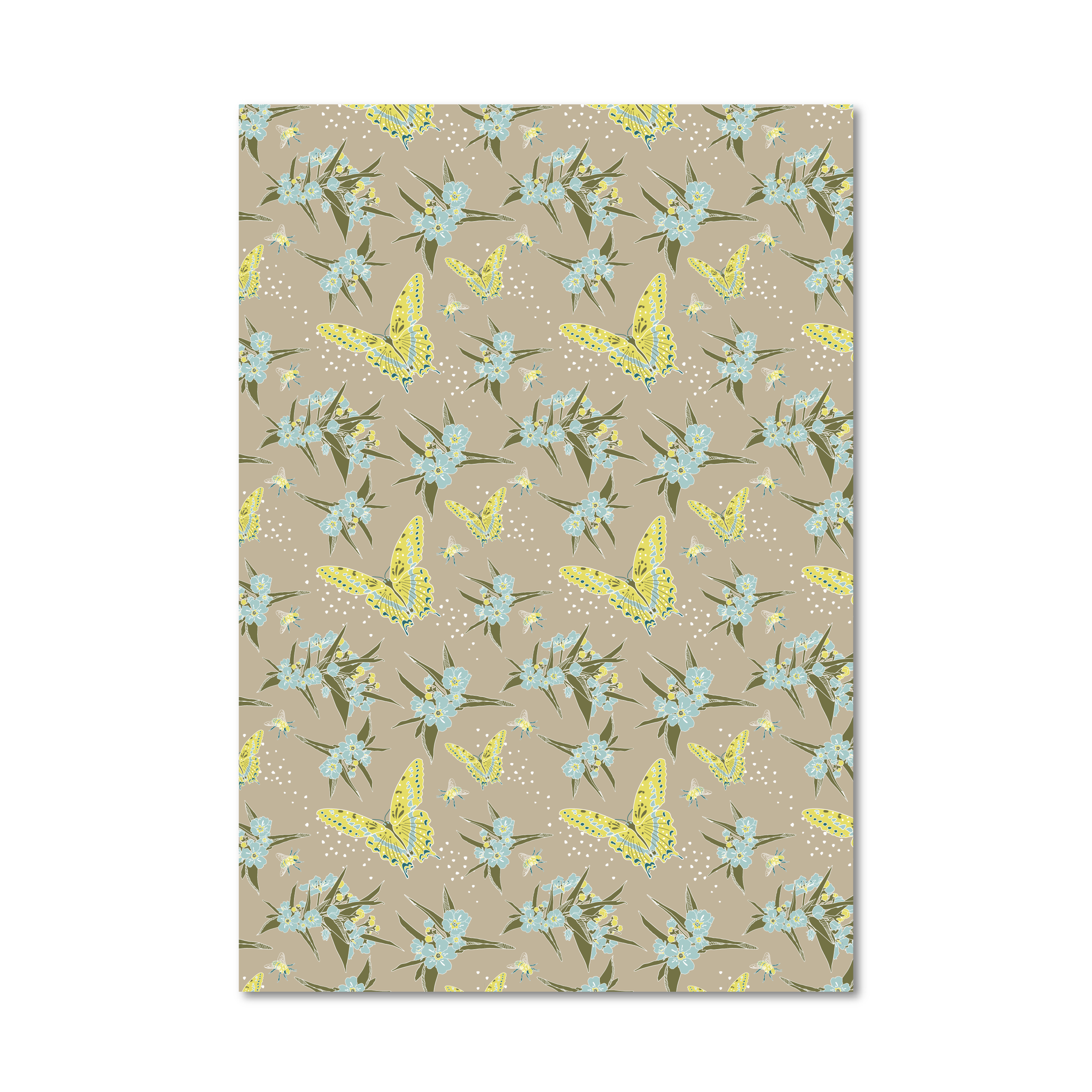 Gift wrap sheet featuring a repeating pattern of light blue flowers, green leaves, and yellow butterflies on a warm beige background, shown against a plain white backdrop.