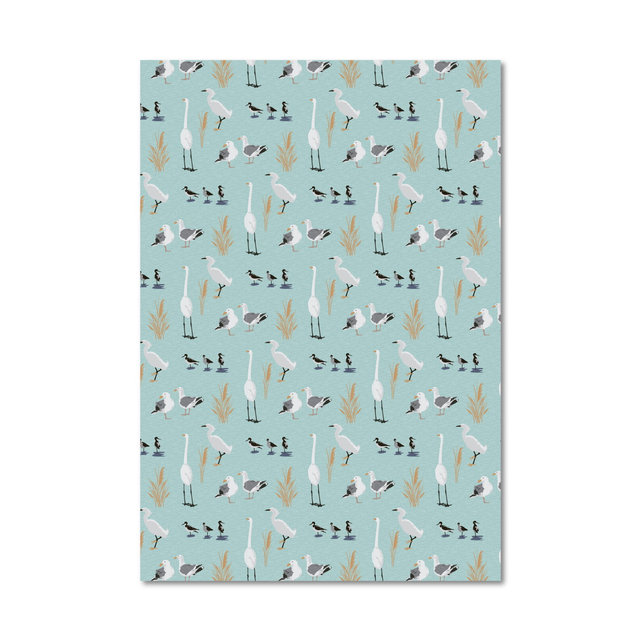 Patterned gift wrap sheet with a light blue background and a tossed print of illustrated sea birds like egrets and sea gulls