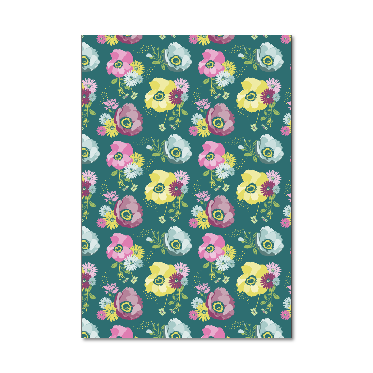 Patterned gift wrap sheet with a teal grounded floral with pink, lavender and yellow pops