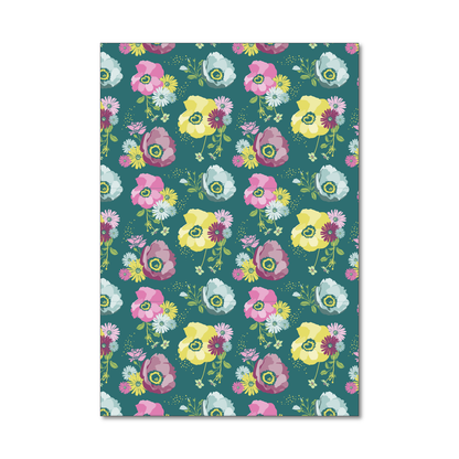Patterned gift wrap sheet with a teal grounded floral with pink, lavender and yellow pops