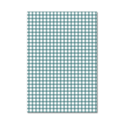Patterned gift wrap sheet with a classic teal gingham plaid pattern