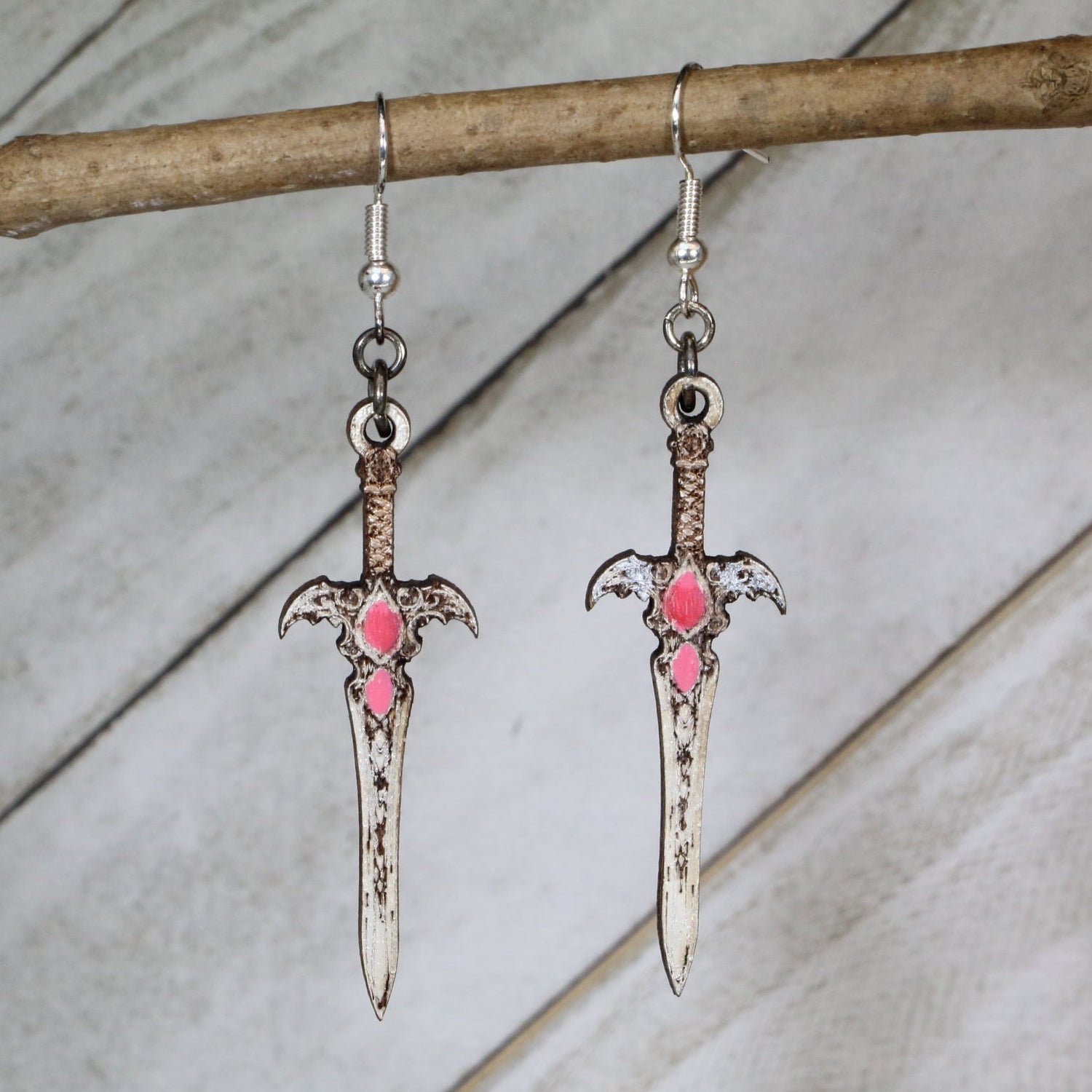 Hand-painted gothic sword wooden dangle earrings with dark fantasy blade design, lightweight hypoallergenic jewelry for medieval lovers, gothic style, and fantasy fans