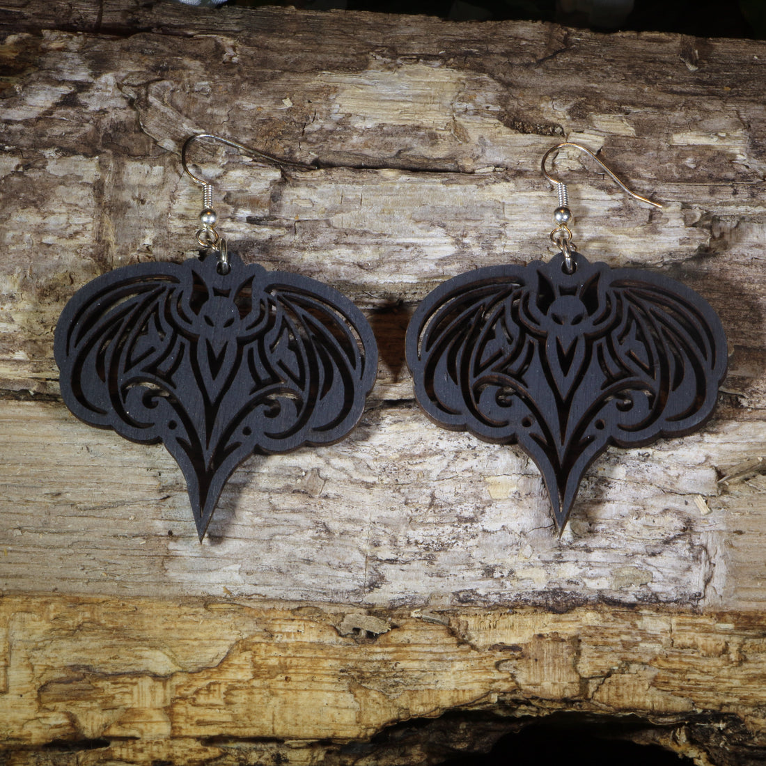 Hand-painted wooden gothic bat dangle earrings featuring an elegant bat silhouette with intricate details, hypoallergenic sterling silver hooks, and lightweight gothic Halloween jewelry for bat lovers, spooky season fans, and alternative fashion enthusiasts by Cate&