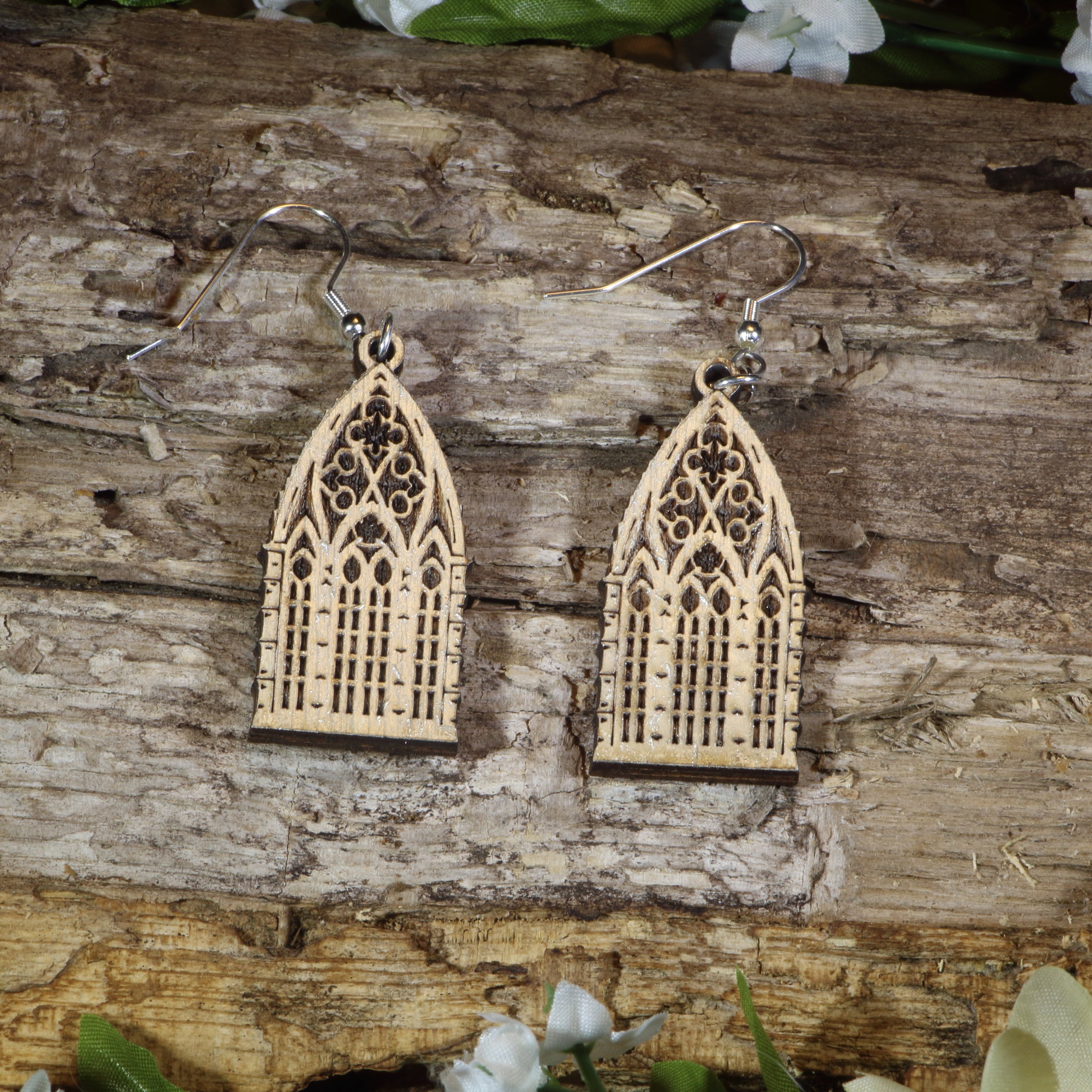 Hand-painted wooden gothic window dangle earrings featuring intricate cathedral-inspired stained glass window details, hypoallergenic sterling silver hooks, and lightweight gothic jewelry for architecture lovers, fantasy fans, and dark academia enthusiasts by Cate&