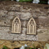 Hand-painted wooden gothic window dangle earrings featuring intricate cathedral-inspired stained glass window details, hypoallergenic sterling silver hooks, and lightweight gothic jewelry for architecture lovers, fantasy fans, and dark academia enthusiasts by Cate&