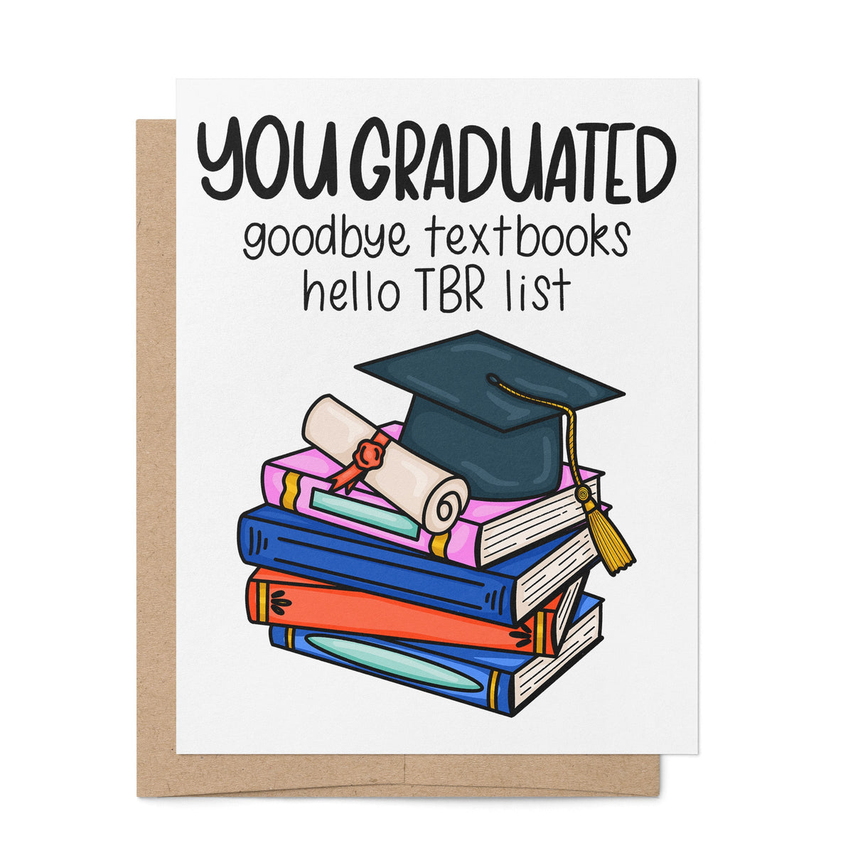 Bookish Graduation Card for Book Lovers flat lay — illustrated grad card for readers and booktok by indie artist MangoIllustrated