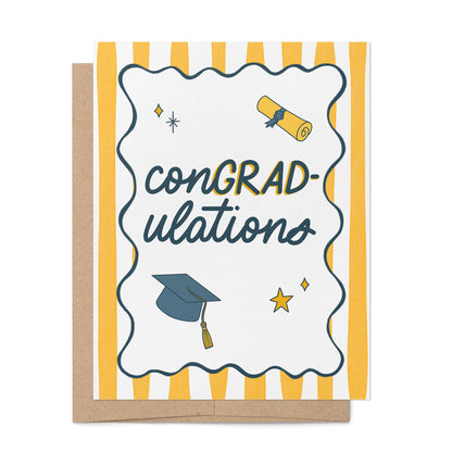 ConGRADulations illustrated graduation card by MangoIllustrated — retro stripes cap and diploma