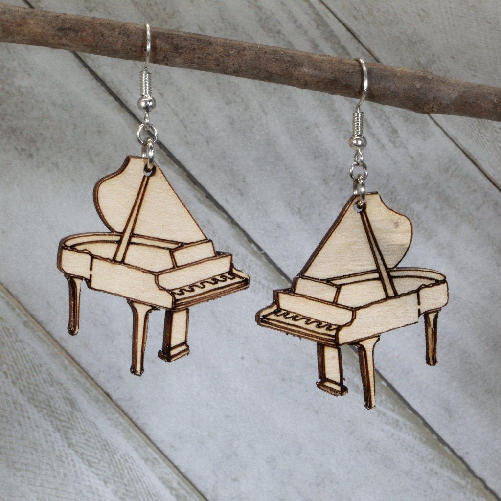 Hand-painted wooden grand piano dangle earrings with detailed musician instrument design and hypoallergenic sterling silver hooks, lightweight piano statement jewelry earrings for pianists, music teachers, and concert lovers