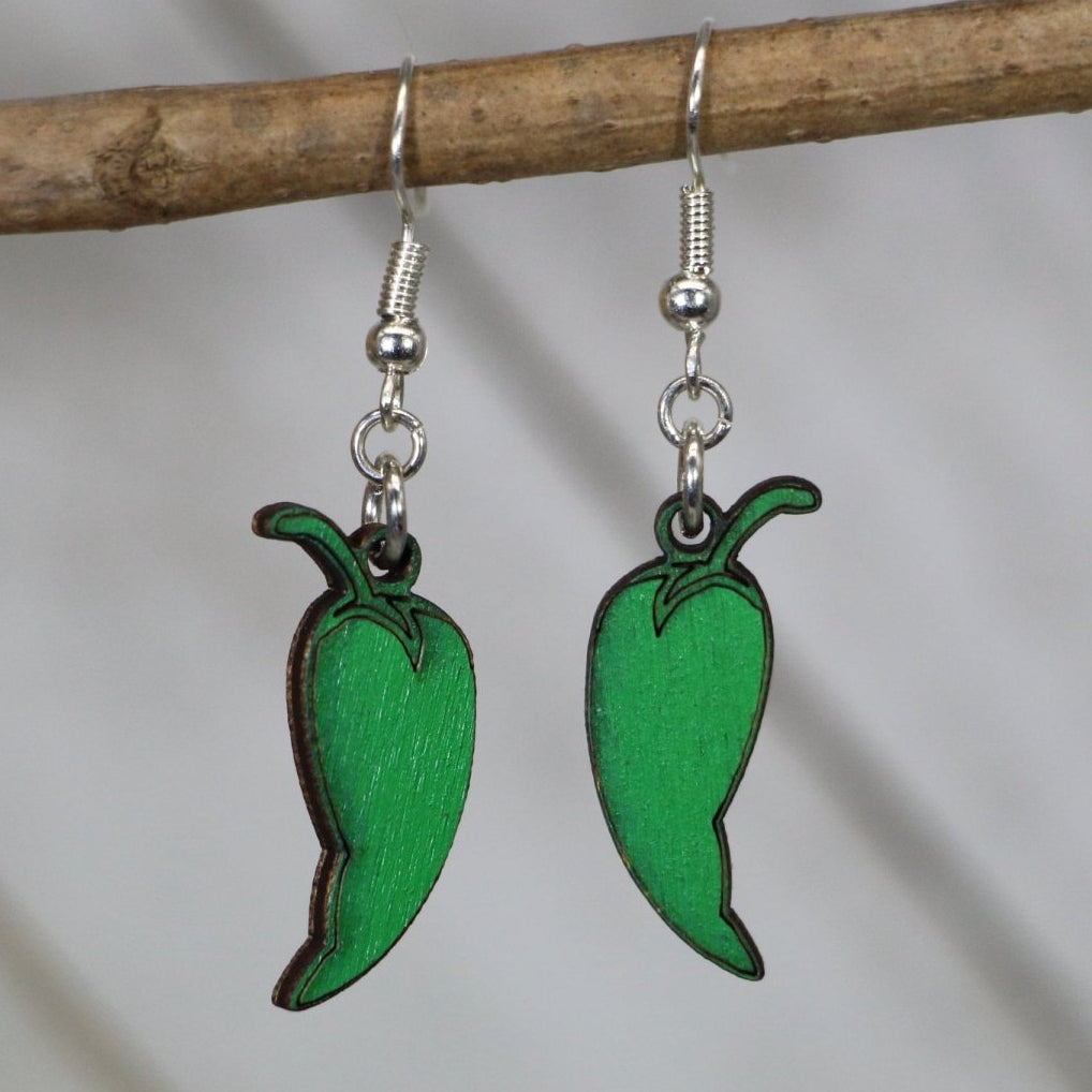 Hand-painted wooden green chile dangle earrings with spicy New Mexico pepper design and hypoallergenic sterling silver hooks, lightweight chile statement jewelry earrings for southwestern food lovers