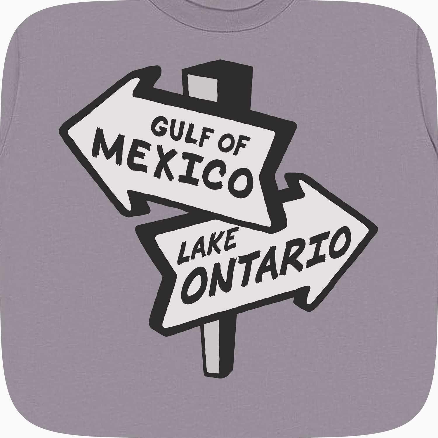 A close-up of a gray t-shirt featuring a graphic print of a split road sign pointing left to &