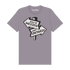 A light purple-gray crewneck t-shirt featuring a graphic of a road sign pointing to &