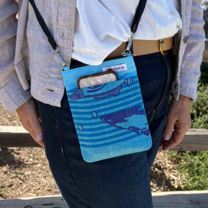 small crossbody bag with blue fish from recycled plastic