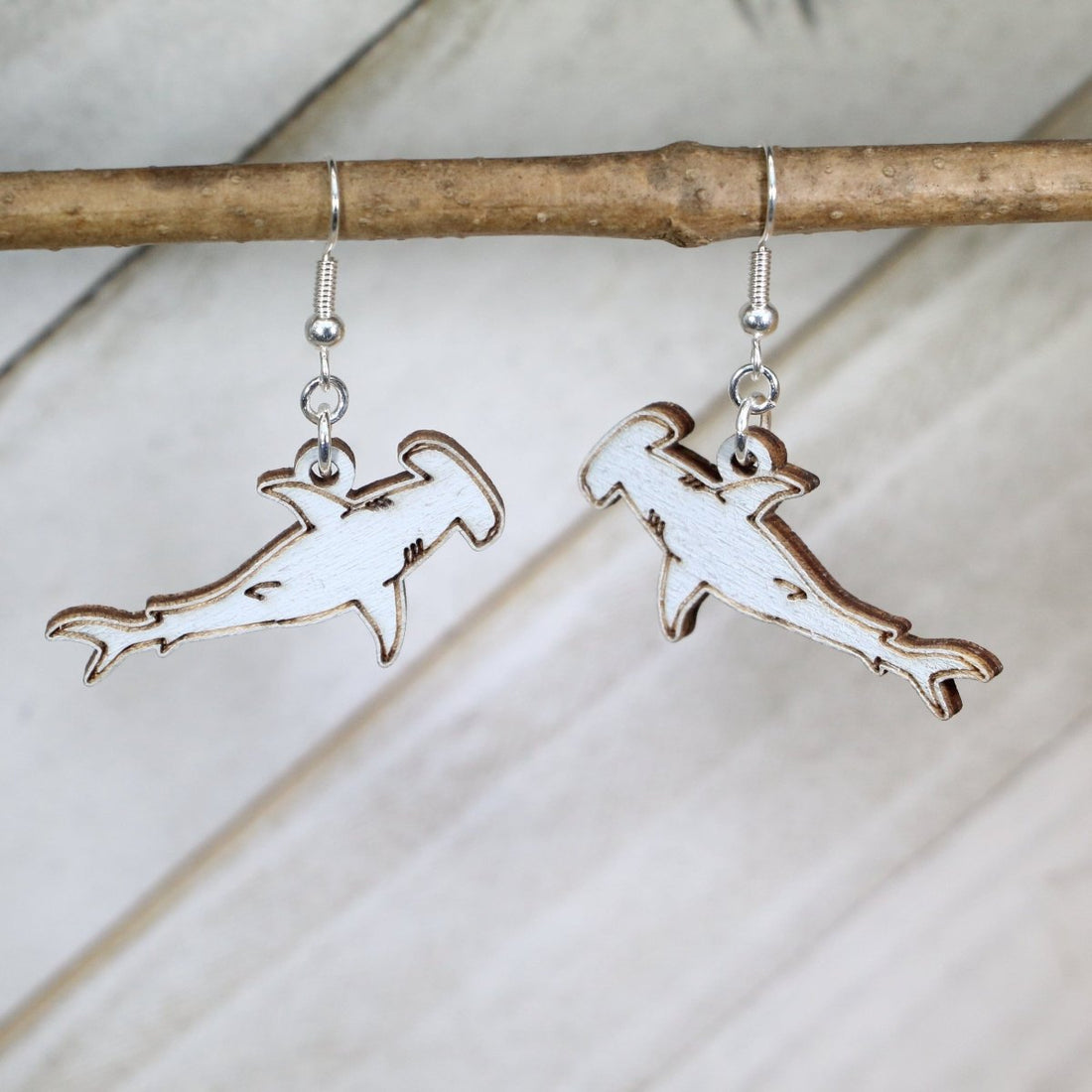 Hand-painted wooden hammerhead shark dangle earrings with ocean sea life design and hypoallergenic sterling silver hooks, marine wildlife statement jewelry for shark lovers and beach fans