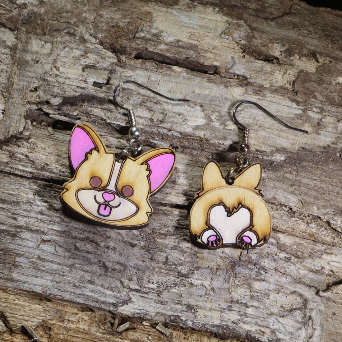Hand-painted Corgi head and Corgi butt wooden mismatched dangle earrings on hypoallergenic .925 sterling silver hooks. Lightweight dog jewelry featuring an adorable Corgi face and heart-shaped Corgi rear, perfect for Corgi owners, dog lovers, and Welsh Corgi enthusiasts.