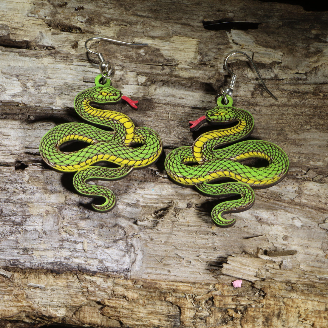 Hand-painted green snake wooden dangle earrings on hypoallergenic .925 sterling silver hooks. Lightweight reptile nature jewelry for snake lovers, herpetologists, reptile keepers, wildlife enthusiasts, and woodland nature fans.