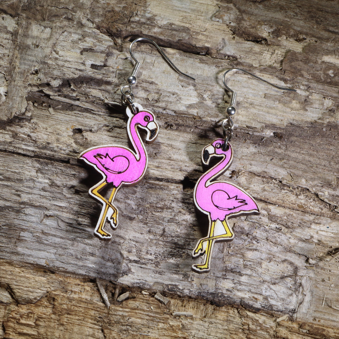 Hand-painted pink flamingo wooden dangle earrings on hypoallergenic .925 sterling silver hooks. Lightweight tropical bird jewelry for flamingo lovers, beach enthusiasts, coastal décor fans, summer fashion, and bird lovers.