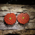Hand-painted red zinnia wooden dangle earrings featuring a large layered flower design with detailed petals and yellow center. Lightweight floral earrings with hypoallergenic .925 sterling silver hooks, perfect for gardeners, flower lovers, nature enthusiasts, and botanical jewelry gifts.