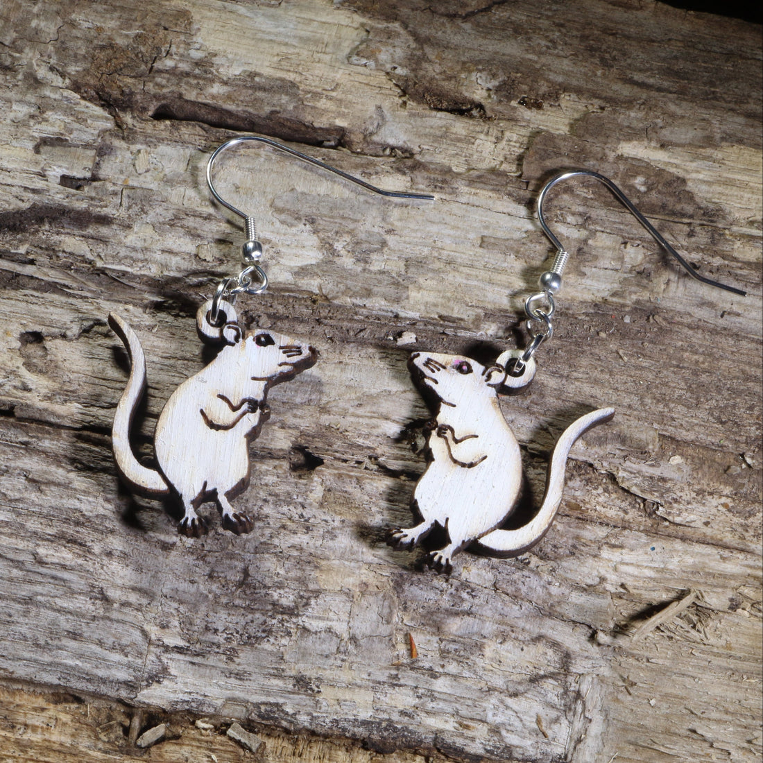 Hand-painted white rat wooden dangle earrings on hypoallergenic .925 sterling silver hooks. Lightweight pet rat jewelry for rat owners, fancy rat enthusiasts, small animal lovers, and rodent fans.
