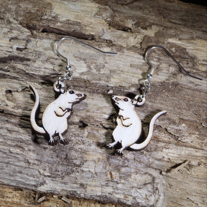 Hand-painted white rat wooden dangle earrings on hypoallergenic .925 sterling silver hooks. Lightweight pet rat jewelry for rat owners, fancy rat enthusiasts, small animal lovers, and rodent fans.