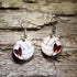 Hand-painted white volleyball wooden dangle earrings with red resin heart accents, lightweight sports jewelry for volleyball players and fans