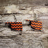Hand-painted wooden Oklahoma dangle earrings featuring a bold orange and black chevron pattern on hypoallergenic .925 sterling silver hooks. Lightweight Oklahoma-themed jewelry for game day, hometown pride, travel souvenirs, and unique regional accessories.