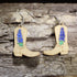 Hand-painted wooden cowboy boot dangle earrings featuring bluebonnet flowers on hypoallergenic .925 sterling silver hooks. Lightweight western floral jewelry for cowgirl style, bluebonnet lovers, rodeo outfits, country fashion, and Texas wildflower enthusiasts.