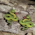 Hand-painted wooden green snake dangle earrings featuring a coiled green serpent design on hypoallergenic .925 sterling silver hooks. Lightweight reptile nature jewelry for snake lovers, herpetologists, wildlife enthusiasts, and anyone who appreciates unique animal-inspired accessories.