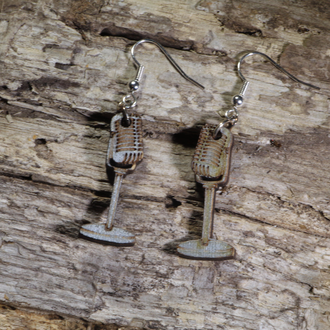 Hand-painted wooden retro microphone dangle earrings featuring vintage silver microphones on hypoallergenic .925 sterling silver hooks. Lightweight music jewelry perfect for singers, musicians, vocalists, karaoke fans, and music lovers.