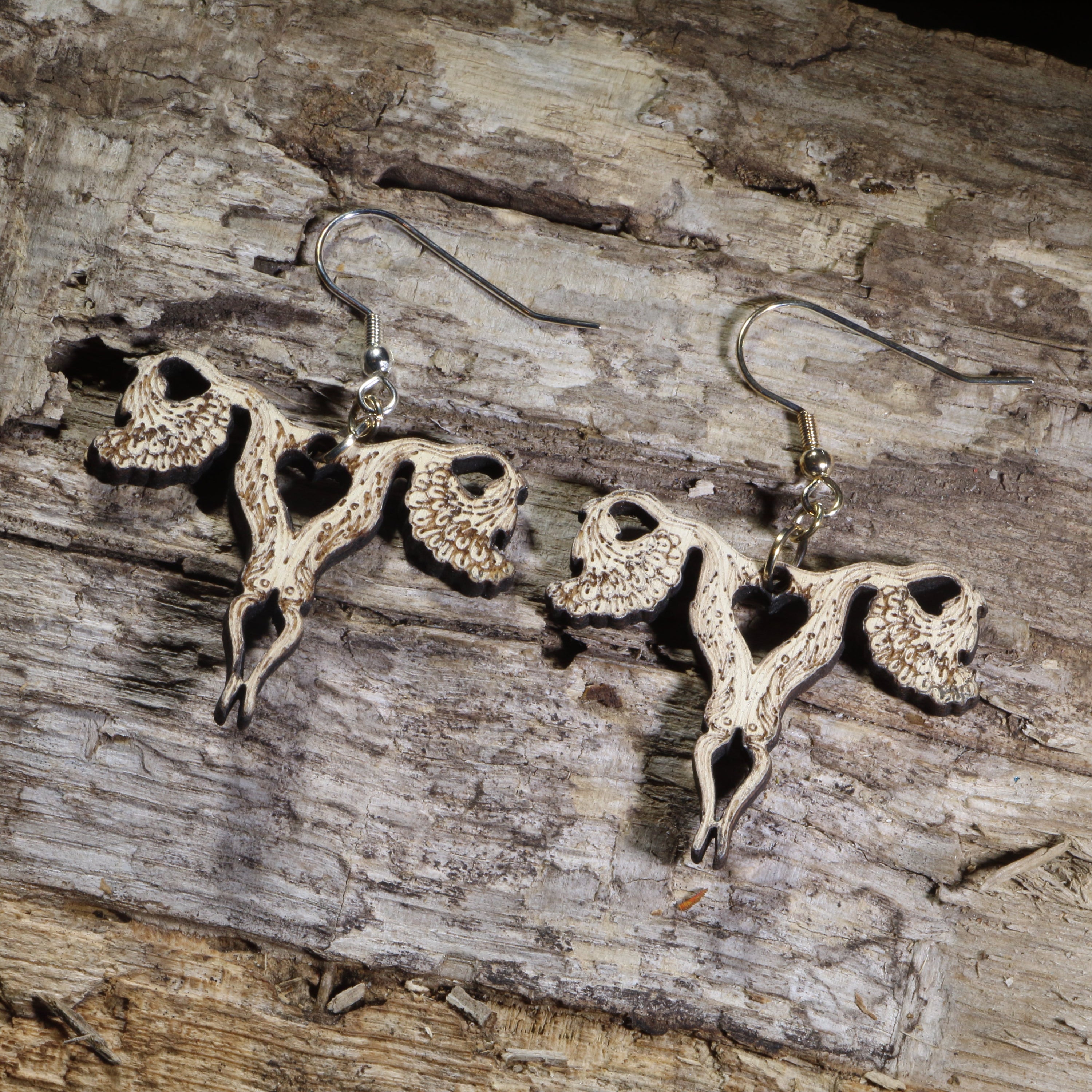 Hand-painted wooden uterus dangle earrings featuring detailed floral ovaries and a heart-shaped cutout on hypoallergenic .925 sterling silver hooks. Lightweight anatomy-inspired jewelry for OB-GYNs, gynecologists, nurses, medical professionals, reproductive health advocates, and anatomy enthusiasts.