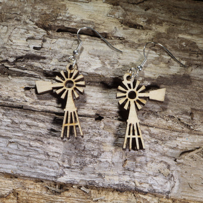 Hand-painted wooden windmill dangle earrings on hypoallergenic .925 sterling silver hooks. Lightweight windmill jewelry inspired by rustic farm life, prairie landscapes, Dutch heritage, and country living.
