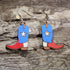 Handmade Texas Lone Star cowboy boot wooden dangle earrings featuring classic western boots with a bold Lone Star design. Lightweight Texas earrings crafted from wood with hypoallergenic .925 sterling silver hooks, perfect for Texas pride, western fashion, country music fans, rodeo enthusiasts, cowgirls, and unique cowboy jewelry collectors.