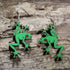 Handmade green tree frog wooden dangle earrings featuring detailed laser-cut frogs with bright green painted finish and red eyes. Lightweight frog earrings crafted from wood with hypoallergenic .925 sterling silver hooks, perfect for amphibian lovers, nature enthusiasts, wildlife fans, rainforest lovers, and unique animal jewelry collectors.
