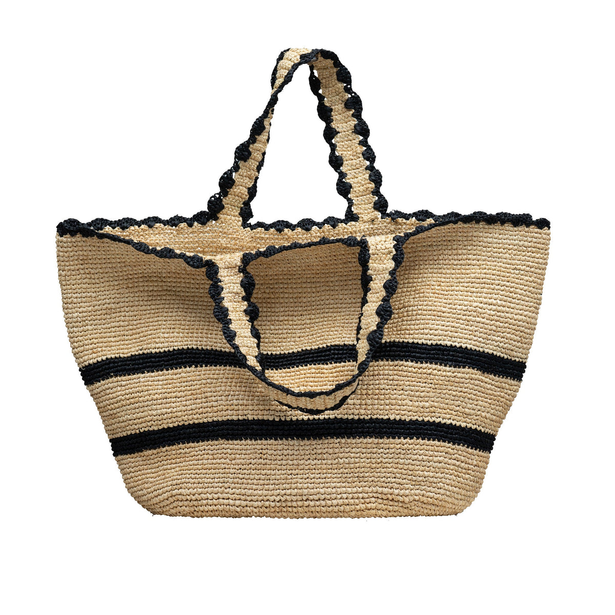 Ethically hand made woven tote bag with black stripes and scallop trim 