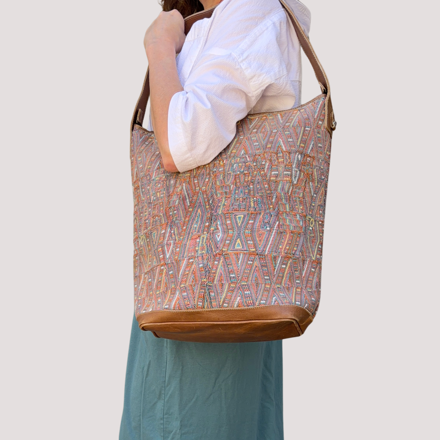 Huipil Bucket Bag - Handcrafted Vintage Mayan Textile &amp; Leather Tote