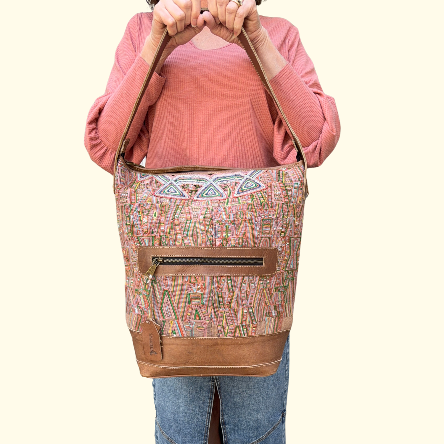 Huipil Bucket Bag - Handcrafted Vintage Mayan Textile &amp; Leather Tote