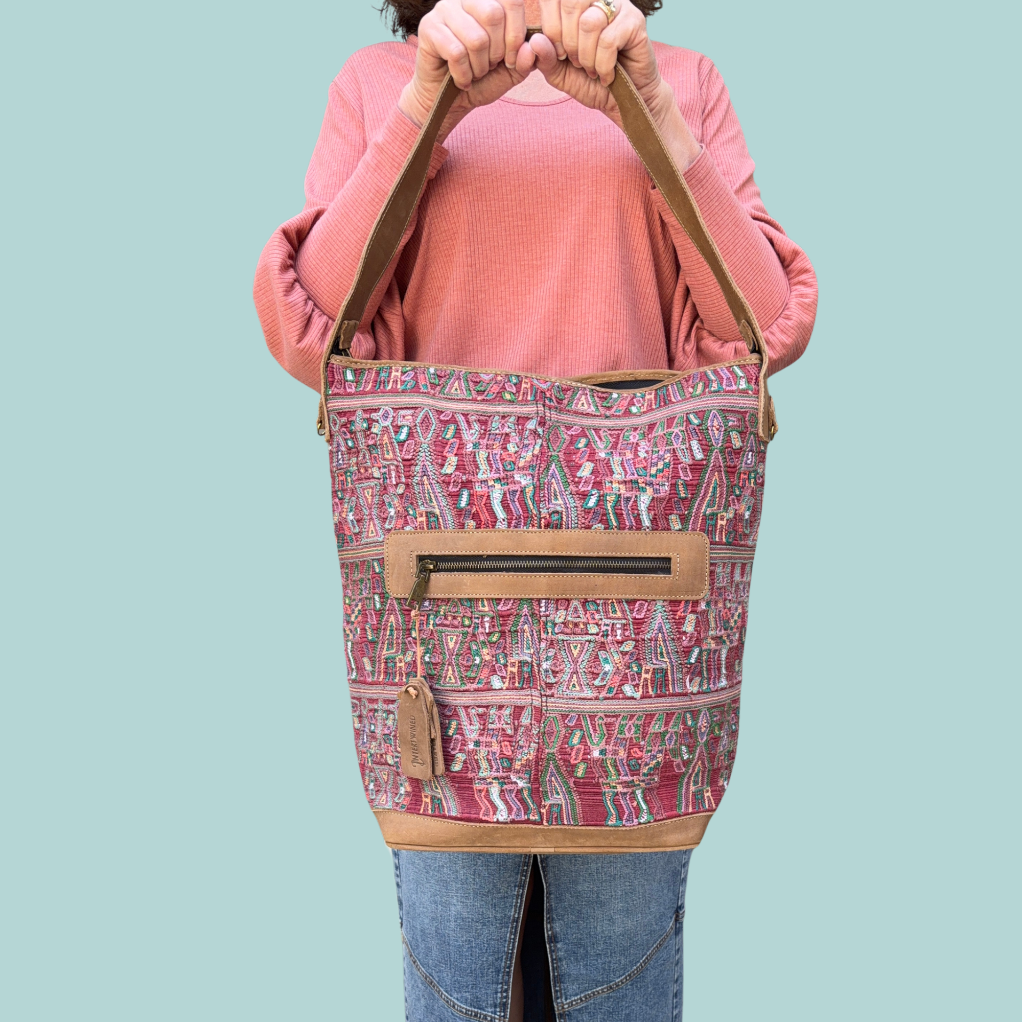 Huipil Bucket Bag - Handcrafted Vintage Mayan Textile &amp; Leather Tote