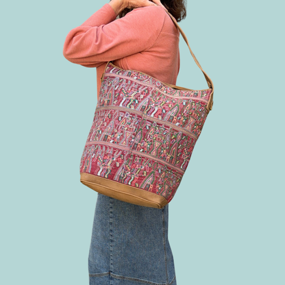 Huipil Bucket Bag - Handcrafted Vintage Mayan Textile &amp; Leather Tote