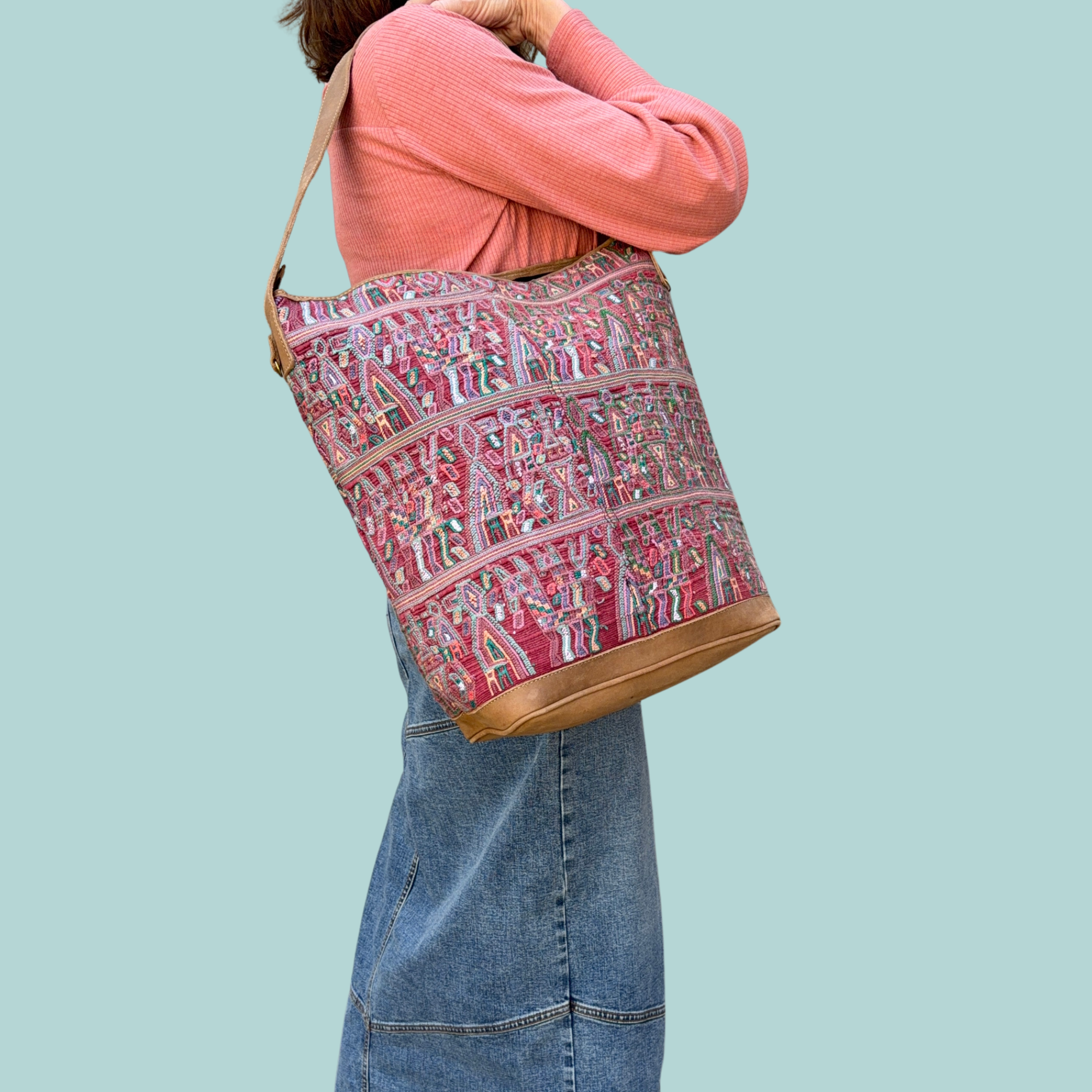 Huipil Bucket Bag - Handcrafted Vintage Mayan Textile &amp; Leather Tote