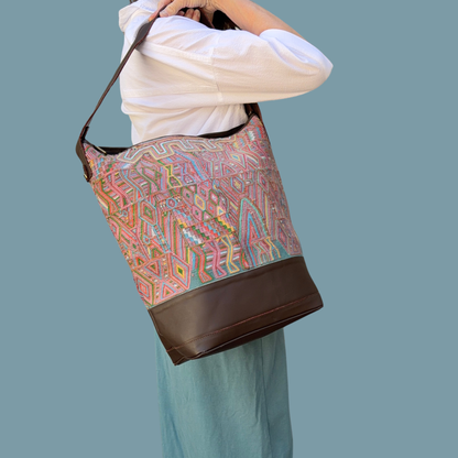 Huipil Bucket Bag - Handcrafted Vintage Mayan Textile &amp; Leather Tote