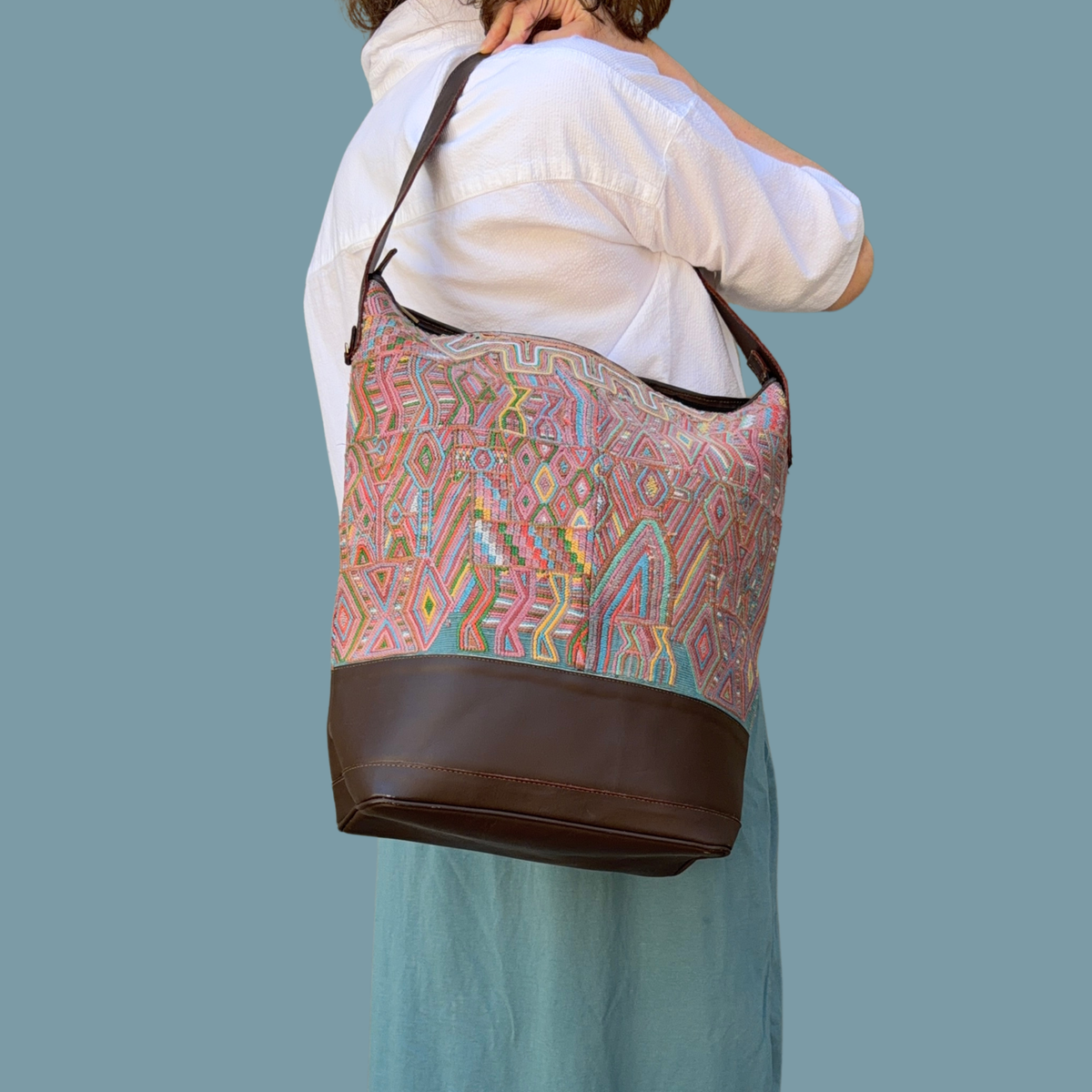 Huipil Bucket Bag - Handcrafted Vintage Mayan Textile &amp; Leather Tote