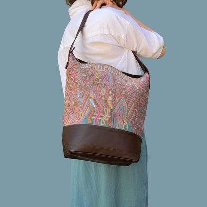 Huipil Bucket Bag - Handcrafted Vintage Mayan Textile &amp; Leather Tote