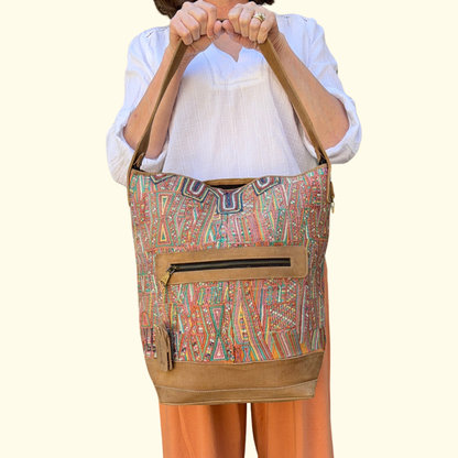 Huipil Bucket Bag - Handcrafted Vintage Mayan Textile &amp; Leather Tote