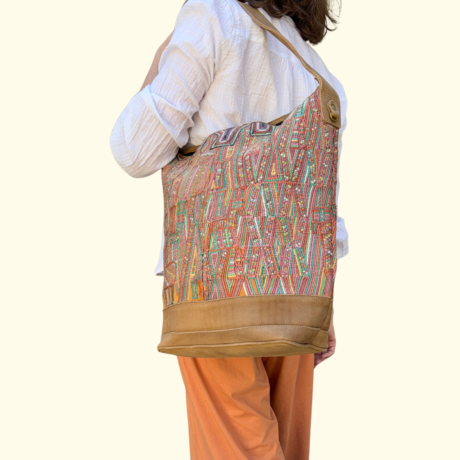 Huipil Bucket Bag - Handcrafted Vintage Mayan Textile &amp; Leather Tote