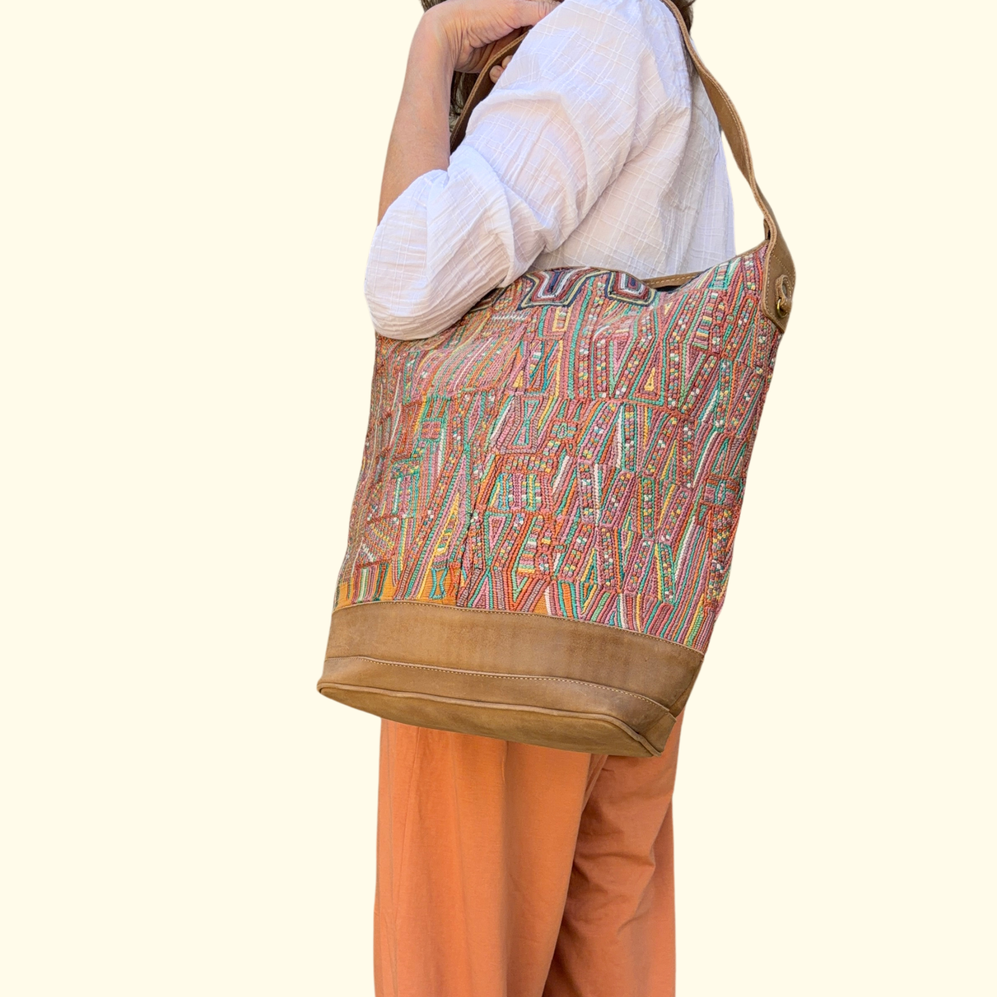 Huipil Bucket Bag - Handcrafted Vintage Mayan Textile &amp; Leather Tote