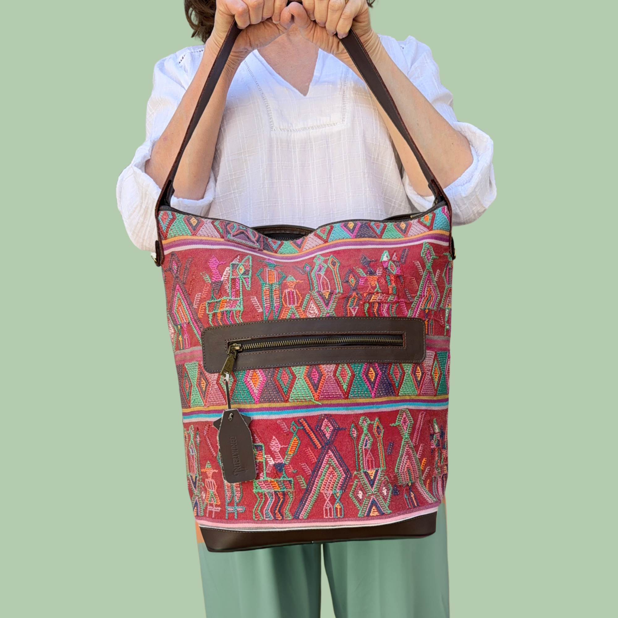 Huipil Bucket Bag - Handcrafted Vintage Mayan Textile &amp; Leather Tote