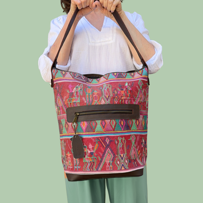Huipil Bucket Bag - Handcrafted Vintage Mayan Textile &amp; Leather Tote